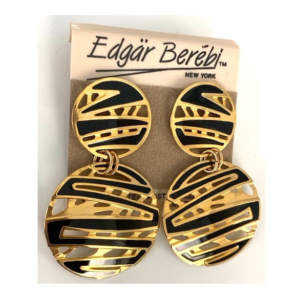 Edgar Berebi Vintage Gold Plated Black Enamel Round Dangle Earrings - Picture 5 of 5